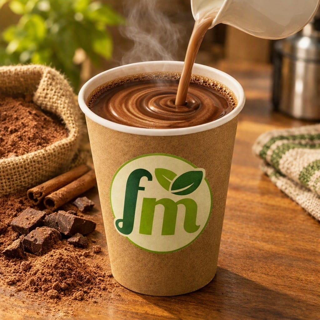 A Fresh Mart cup of hot chocolate being poured, beside cocoa powder, chocolate pieces and cinnamon sticks